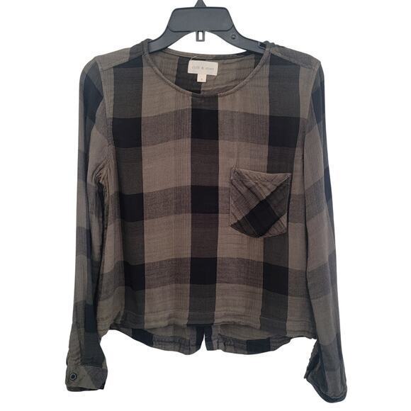 Cloth and Stone Plaid Long‎ Sleeve Green Top Women Sz Small Grunge Academia - Picture 1 of 11